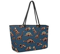 Large Beach Bag for Women, Funny Sketchy Fossil Dinosaurs Pattern Travel Tote with Pockets Waterproof Shoulder Handbag