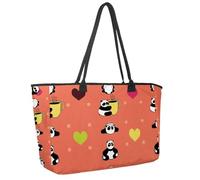 Large Beach Bag for Women, Funny Sleepy Panda Coffee and Hearts Pattern Travel Tote with Pockets Waterproof Shoulder Handbag