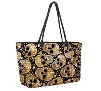 Large Beach Bag for Women, Gold Skulls Glitter Triangles Day of the Dead Pattern Travel Tote with Pockets Waterproof Shoulder Handbag