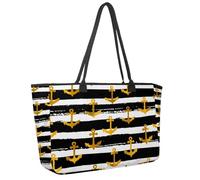 Large Beach Bag for Women, Golden Anchors on Black and White Striped Pattern Travel Tote with Pockets Waterproof Shoulder Handbag