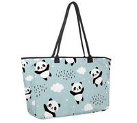 Large Beach Bag for Women, Happy Panda Flying Sky Clouds Star Rain Blue Pattern Travel Tote with Pockets Waterproof Shoulder Handbag
