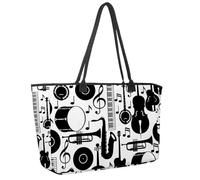 Large Beach Bag for Women, Jazz Music Musical Instruments Piano Drum Guitar Pattern Travel Tote with Pockets Waterproof Shoulder Handbag