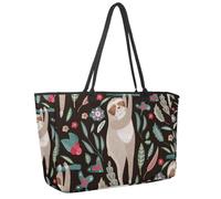 Large Beach Bag for Women, Jungle Animal Cute Sloth Floral Elements Travel Tote with Pockets Waterproof Shoulder Handbag