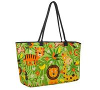 Large Beach Bag for Women, Jungle Animals Lion Giraffe Monkeys Travel Tote with Pockets Waterproof Shoulder Handbag