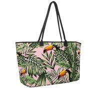 Large Beach Bag for Women, Jungle Palm Monstera Leaves Bird Toucan Pattern Travel Tote with Pockets Waterproof Shoulder Handbag