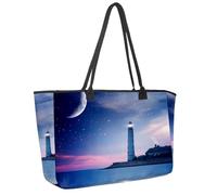 Large Beach Bag for Women, Lighthouse at Night Seaside Moon Blue Galaxy Star Travel Tote with Pockets Waterproof Shoulder Handbag
