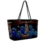 Large Beach Bag for Women, Lighthouse Boat Sea Waves Travel Tote with Pockets Waterproof Shoulder Handbag