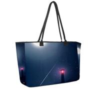 Large Beach Bag for Women, Lighthouse Galaxy Night Travel Tote with Pockets Waterproof Shoulder Handbag