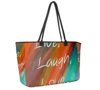 Large Beach Bag for Women, Live Laugh Love Travel Tote with Pockets Waterproof Shoulder Handbag