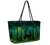 Large Beach Bag for Women, Magic Night Deer Green Night Forest Jungle Landscape Travel Tote with Pockets Waterproof Shoulder Handbag