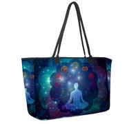 Large Beach Bag for Women, Man Meditate Yoga Star Cosmos Galaxy Universe Blue Travel Tote with Pockets Waterproof Shoulder Handbag