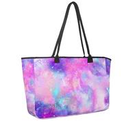 Large Beach Bag for Women, Marbled Galaxy Rainbow Pink Space Print Travel Tote with Pockets Waterproof Shoulder Handbag