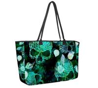 Large Beach Bag for Women, Mermaid Scale Seashells Skulls Green Pattern Travel Tote with Pockets Waterproof Shoulder Handbag