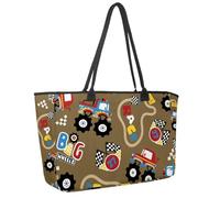 Large Beach Bag for Women, Monster Truck Race Cartoon Pattern Travel Tote with Pockets Waterproof Shoulder Handbag