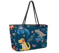 Large Beach Bag for Women, Music Lover Dinosaur Cartoon Animal Pattern Travel Tote with Pockets Waterproof Shoulder Handbag
