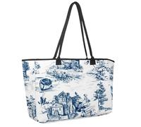 Large Beach Bag for Women, Old Town Village Fishing Scenes White and Blue Color Travel Tote with Pockets Waterproof Shoulder Handbag