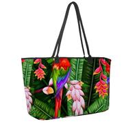 Large Beach Bag for Women, Parrot in Tropical Jungle Travel Tote with Pockets Waterproof Shoulder Handbag