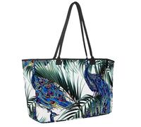 Large Beach Bag for Women, Peacock Tropical Palm Leaves Floral Pattern Travel Tote with Pockets Waterproof Shoulder Handbag