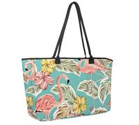 Large Beach Bag for Women, Pink Flamingo Birds Palm Leaves Jungle Pattern Travel Tote with Pockets Waterproof Shoulder Handbag
