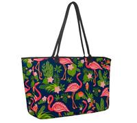Large Beach Bag for Women, Pink Flamingo Palm Tree Leaf Flowers Pattern Travel Tote with Pockets Waterproof Shoulder Handbag