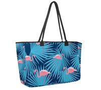 Large Beach Bag for Women, Pink Flamingos Palm Leaves Tropical Summer Pattern Travel Tote with Pockets Waterproof Shoulder Handbag