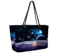 Large Beach Bag for Women, Planets over the Nebulae in Space Travel Tote with Pockets Waterproof Shoulder Handbag