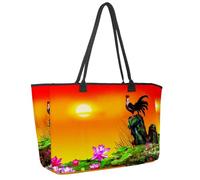 Large Beach Bag for Women, Rooster Cock Crows Travel Tote with Pockets Waterproof Shoulder Handbag