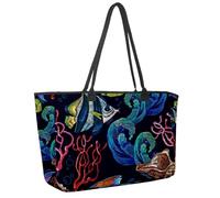 Large Beach Bag for Women, Sea Life Wave Shells Corals Tropical Fishes Pattern Travel Tote with Pockets Waterproof Shoulder Handbag