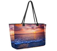 Large Beach Bag for Women, Sea with Surf Waves Sunset Sky Travel Tote with Pockets Waterproof Shoulder Handbag