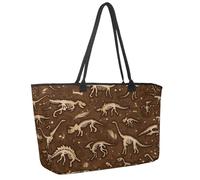 Large Beach Bag for Women, Silhouettes Dino Skeletons Dinosaurs Fossils Pattern Travel Tote with Pockets Waterproof Shoulder Handbag