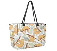 Large Beach Bag for Women, Sloths Hangs Jungle Leaves Pattern Travel Tote with Pockets Waterproof Shoulder Handbag