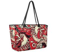 Large Beach Bag for Women, Snake and Rooster Head Red Pattern Travel Tote with Pockets Waterproof Shoulder Handbag