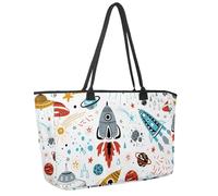 Large Beach Bag for Women, Space Cartoon Rockets Planets Stars Comets UFO Pattern Travel Tote with Pockets Waterproof Shoulder Handbag