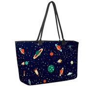 Large Beach Bag for Women, Space Planets Orbits Rockets Satellite Flying Saucer Stars Cosmos Travel Tote with Pockets Waterproof Shoulder Handbag