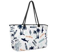 Large Beach Bag for Women, Summer Palm Tree Surfboard Shark Travel Tote with Pockets Waterproof Shoulder Handbag