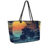 Large Beach Bag for Women, Sunset on Tropical Beach with Palm Tree Travel Tote with Pockets Waterproof Shoulder Handbag