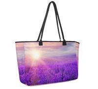 Large Beach Bag for Women, Sunset over Violet Lavender Field in Provence France Travel Tote with Pockets Waterproof Shoulder Handbag