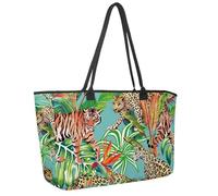 Large Beach Bag for Women, Tiger and Leopards in the Jungle Travel Tote with Pockets Waterproof Shoulder Handbag