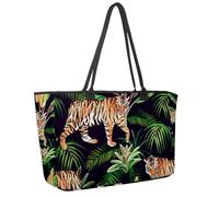 Large Beach Bag for Women, Tiger Jungle Palm Tree Pattern Travel Tote with Pockets Waterproof Shoulder Handbag
