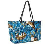 Large Beach Bag for Women, Tigers Wild Life in Jungle Pattern Travel Tote with Pockets Waterproof Shoulder Handbag