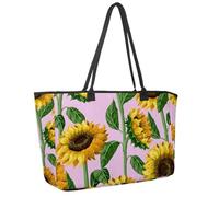 Large Beach Bag for Women, Toward the Sun Flowers Sunflowers Illustration Travel Tote with Pockets Waterproof Shoulder Handbag