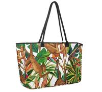 Large Beach Bag for Women, Tropical Animals Monkey Jungle Palm Tree Leaves Travel Tote with Pockets Waterproof Shoulder Handbag