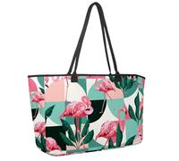 Large Beach Bag for Women, Tropical Banana Palm Leaves Jungle Pink Flamingos Pattern Travel Tote with Pockets Waterproof Shoulder Handbag
