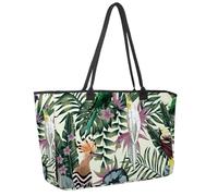 Large Beach Bag for Women, Tropical Birds Parrot Jungle Plants Leaves Flowers Pattern Travel Tote with Pockets Waterproof Shoulder Handbag