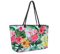 Large Beach Bag for Women, Tropical Floral Palm Jungle Leaves Pattern Travel Tote with Pockets Waterproof Shoulder Handbag