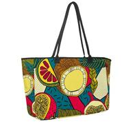 Large Beach Bag for Women, Tropical Flowers and Fruits Exotic Pattern Travel Tote with Pockets Waterproof Shoulder Handbag