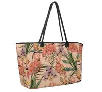Large Beach Bag for Women, Tropical Flowers Palm Leaves Jungle Plants Flamingo Pattern Travel Tote with Pockets Waterproof Shoulder Handbag