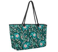Large Beach Bag for Women, Tropical Jungle Elephants Flowers Floral Pattern Travel Tote with Pockets Waterproof Shoulder Handbag