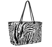 Large Beach Bag for Women, Tropical Leaves Zebra Exotic Natural Black Pattern Travel Tote with Pockets Waterproof Shoulder Handbag