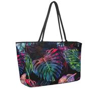 Large Beach Bag for Women, Tropical Palm Leaves Jungle Monstera Leaf Floral Pattern Travel Tote with Pockets Waterproof Shoulder Handbag
